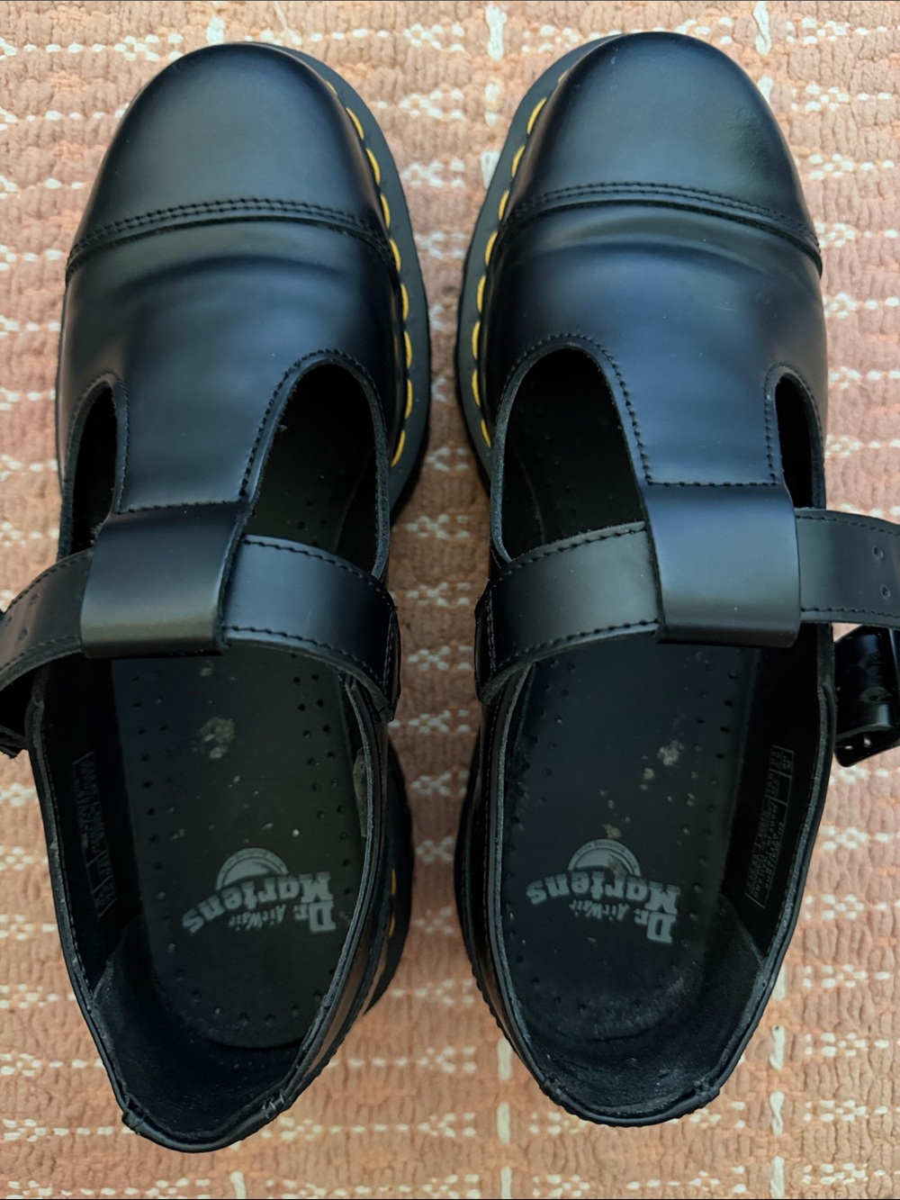Dr. Martens Black Leather Mary Jane Shoes with Yellow Stitching